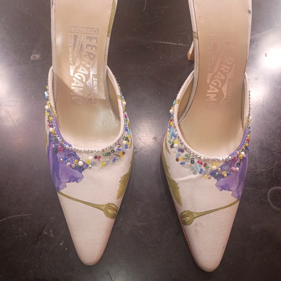Salvatore Ferragamo Shoes - Salvatore Ferragamo Floral Beaded Heels in Purple and Green